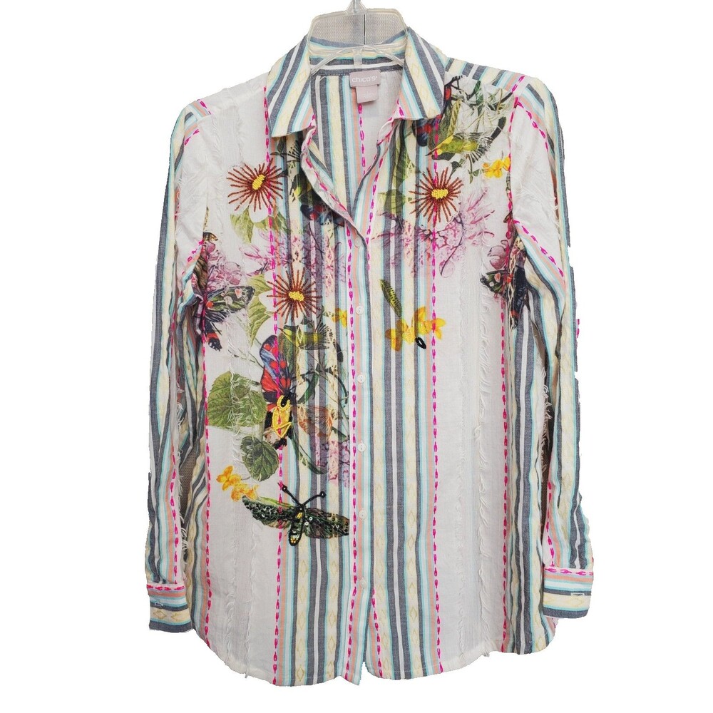 Chico's Beaded Embellished Embroidered Insects & Flowers Button-Up Top 1 Medium